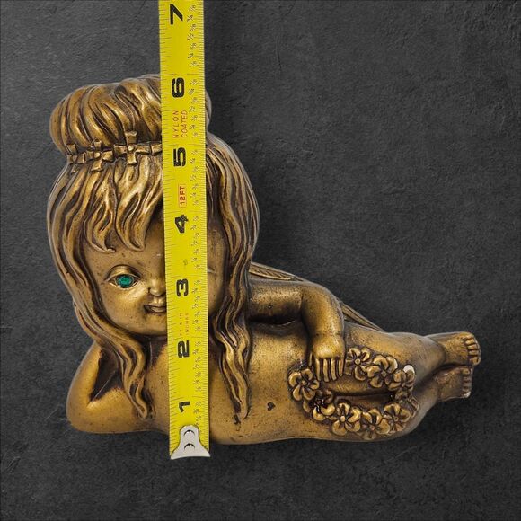 Vintage Gold Cherub Figurine w/ Green Rhinestone Eyes 8" x 6" Cottagecore Decor - Picture 10 of 10